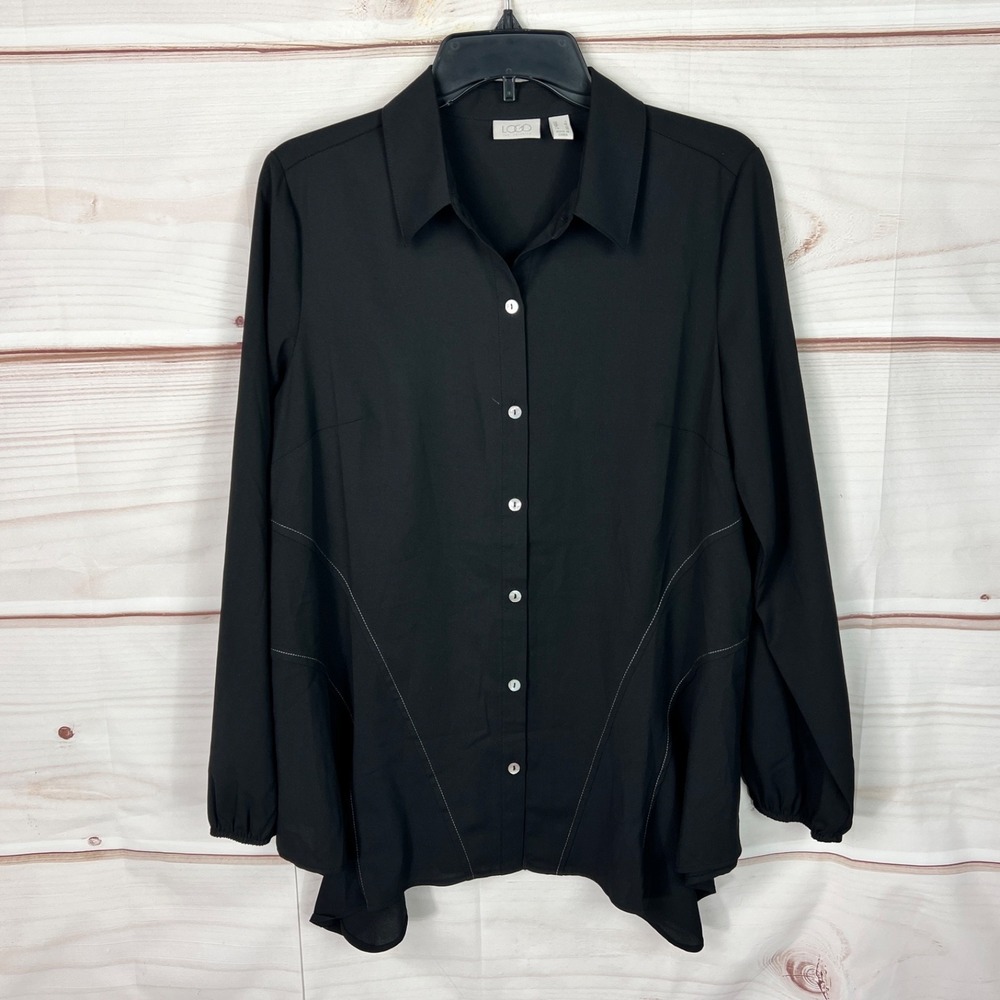 LOGO Lori Goldstein Top Womens S Black Crepe Blouse Button Up Woven A-Line Solid